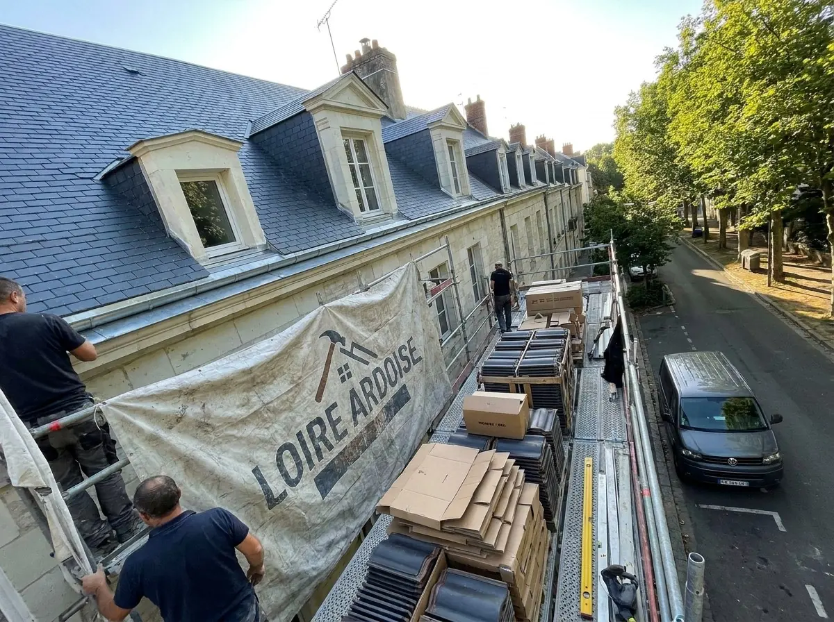 Couvreur à Nantes : lucarnes à fronton et ardoise neuve sur des maisons en tuffeau, échafaudage et bâche Loire Ardoise
