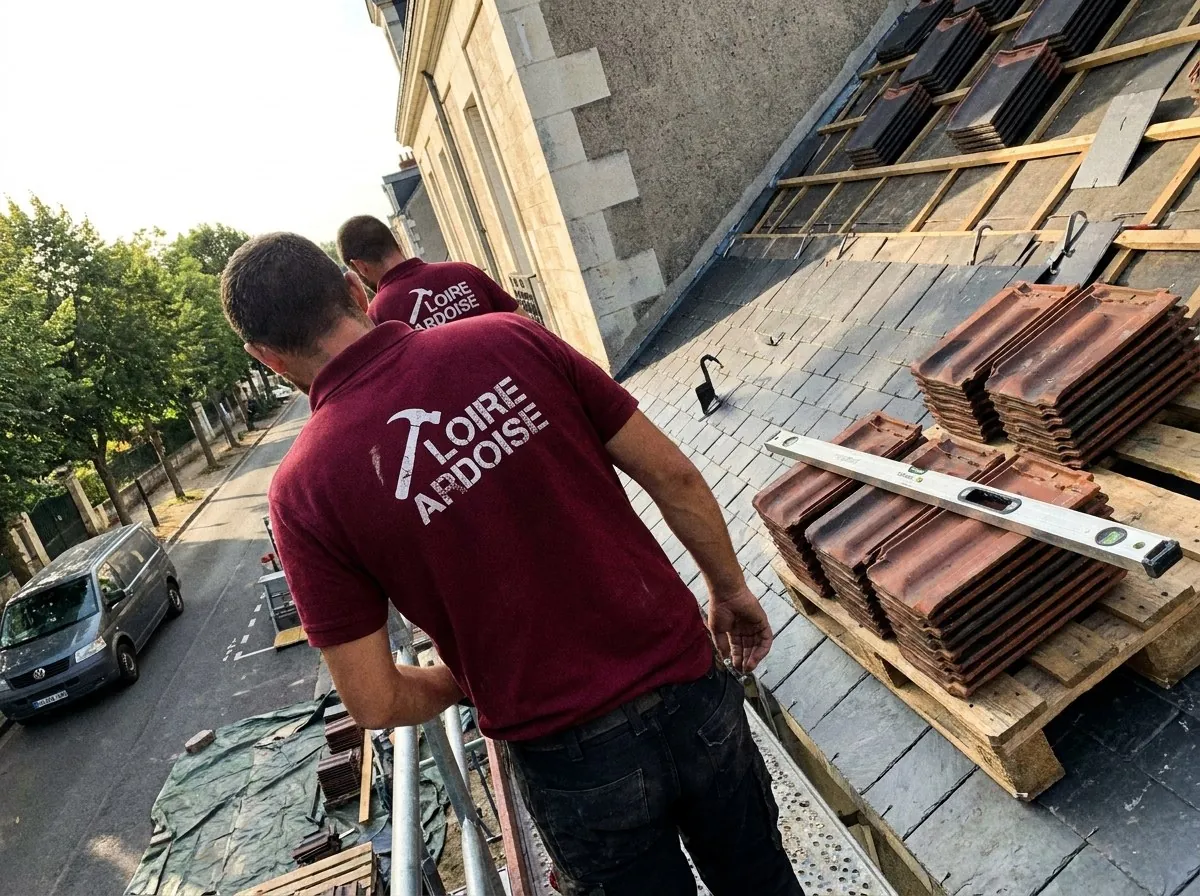 Couvreurs de l'Atelier Loire Ardoise sur l'échafaudage d'une réfection de toiture en ardoise, au-dessus d'une rue arborée de Nantes